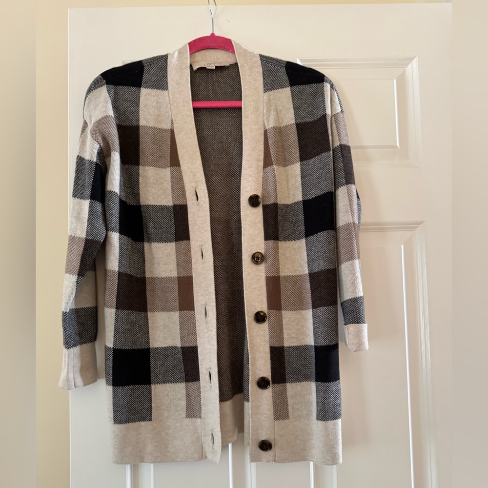 LOFT Checkered Button-Up Cardigan in Black, Brown, and Cream